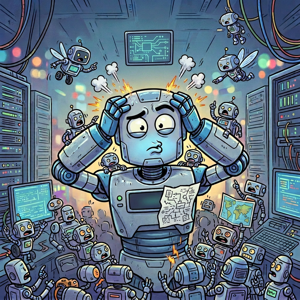 Overloaded robot labeled UNIT-734 surrounded by server alerts and error messages