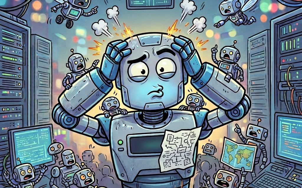 Overloaded robot labeled UNIT-734 surrounded by server alerts and error messages
