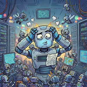 Visual metaphor for overwhelmed server operations Confused robot surrounded by robots presenting too much information